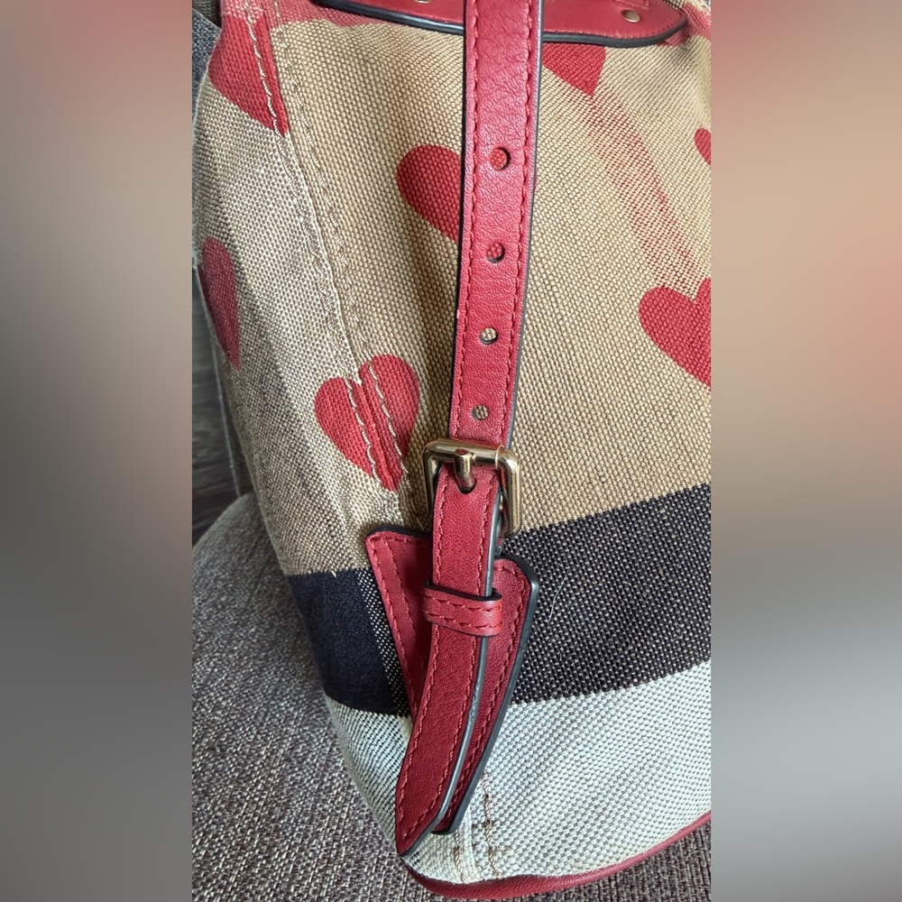Burberry Beige Canvas Backpack with Red Heart Print and Red Leather Trim - Picture 12 of 16